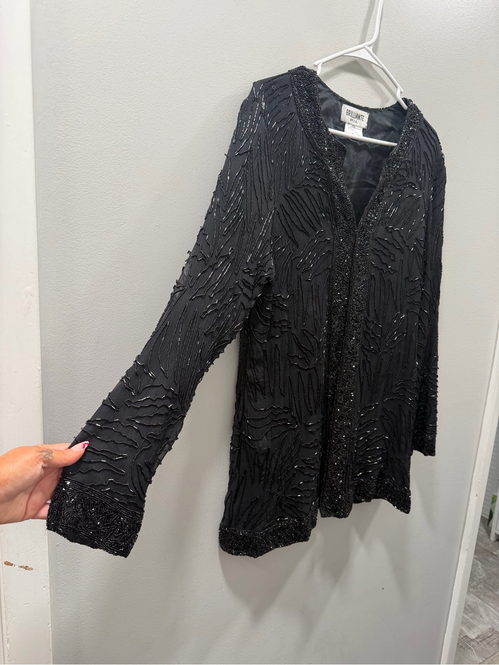 Black Beaded Open Front Jacket genuine silk embellished cardigan XL